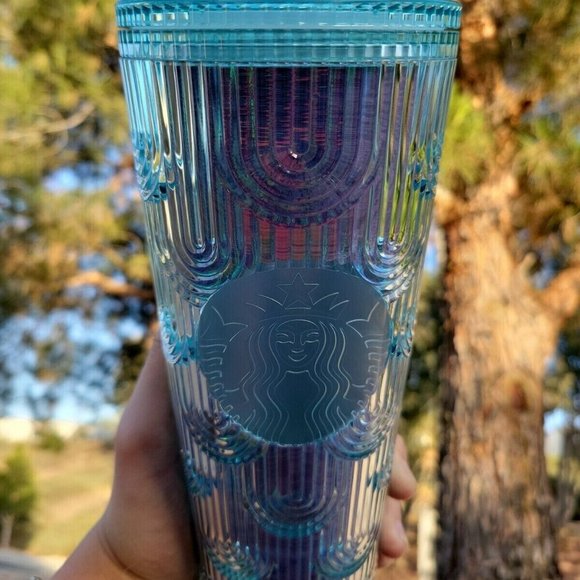 Starbucks Spring 2022 Iridescent Aqua Mermaid Scale Siren Cold Cup Tumbler 24oz - Picture 5 of 6